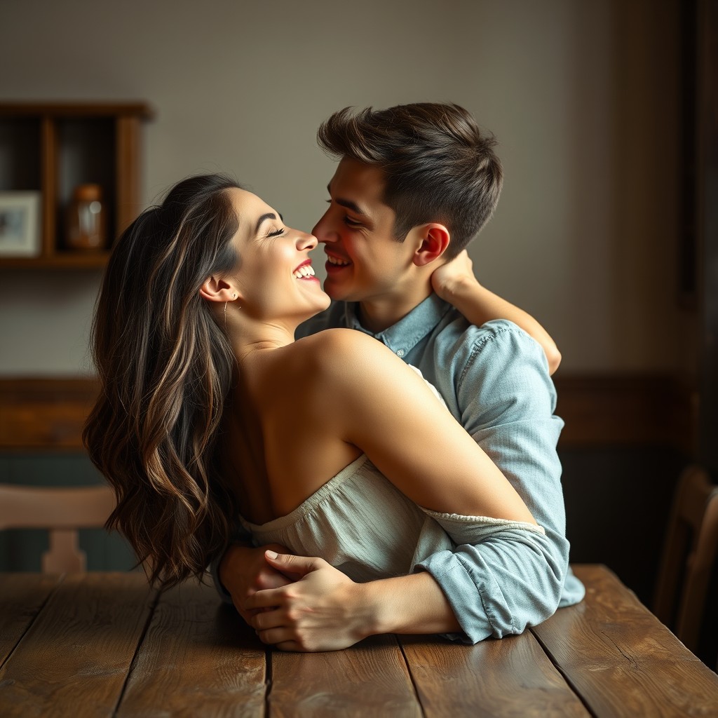 A romantic scene depicting an intimate moment between a young couple, passionately embracing each other on a rustic wooden table