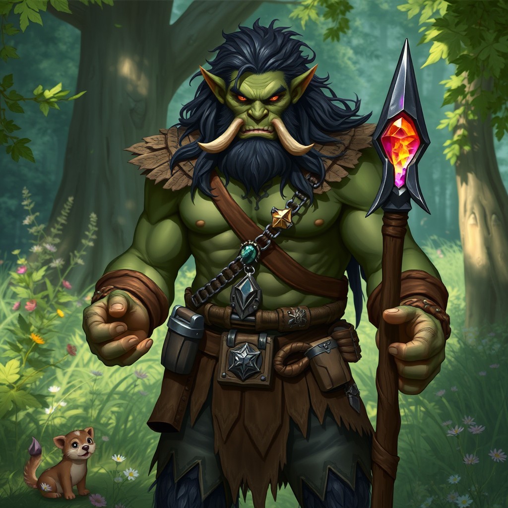 A male half-orc druid characterized by his chaotic good nature, standing in a serene forest glade