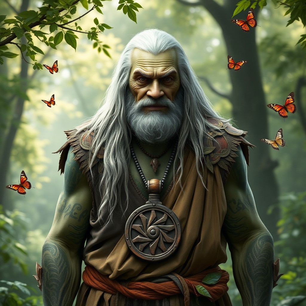 An elderly male half-orc druid embodying a chaotic good spirit, standing in a lush forest glade