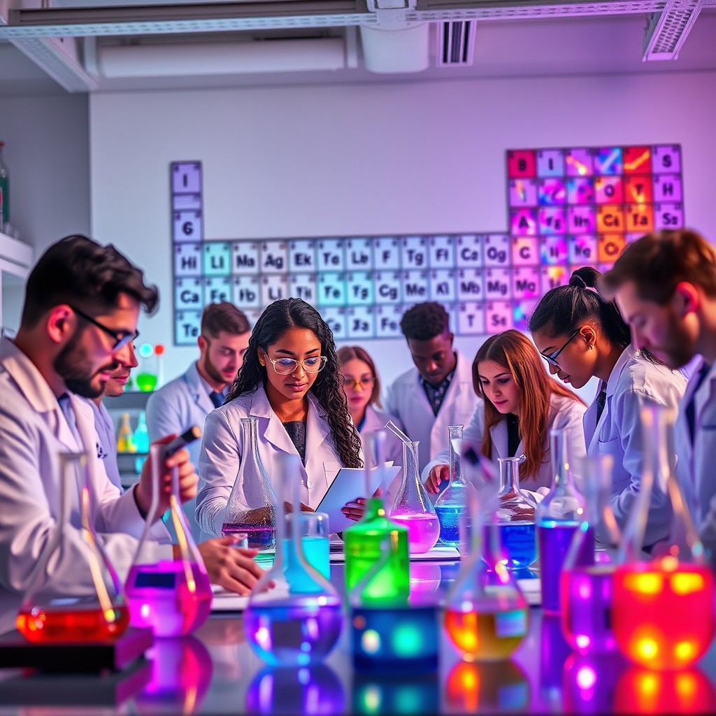 A visually stunning representation of a chemistry lab, showcasing a diverse group of scientists in white lab coats conducting experiments