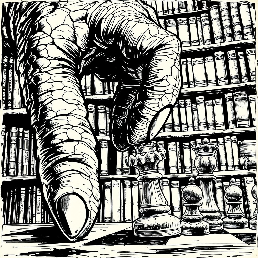 A gritty graphic novel panel featuring a close-up of a massive scaly hand intricately carving a small wooden crocodile chess piece