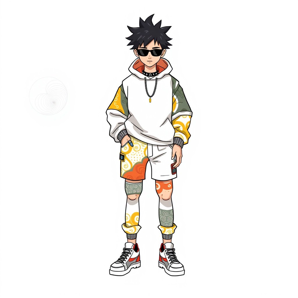 A styled design mockup for a fashion doodle that features an androgynous character