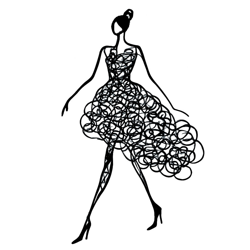 Rapid fashion design sketch, dynamic runway model silhouette. Quick loose minimalist outer lines. The interior of the fluid dress is filled with a dense, complex continuous line art doodle, neurographica style. Sharp black ink on clean white background. High-contrast gestural fashion illustration, no shadows, pure line work.