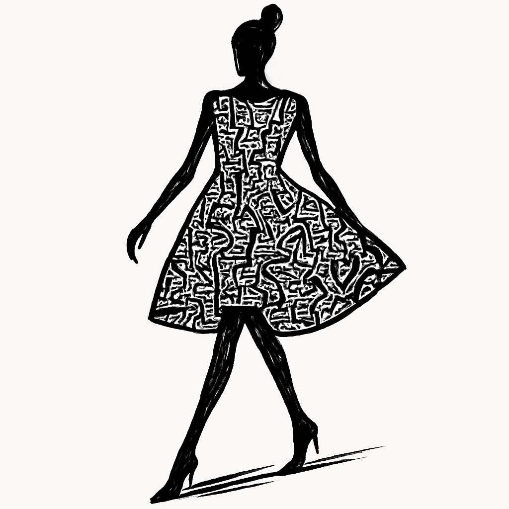 Rapid fashion design sketch, dynamic runway model silhouette. Quick loose minimalist outer lines. The interior of the fluid dress is filled with a dense, complex continuous line art doodle, neurographica style. Sharp black ink on clean white background. High-contrast gestural fashion illustration, no shadows, pure line work.