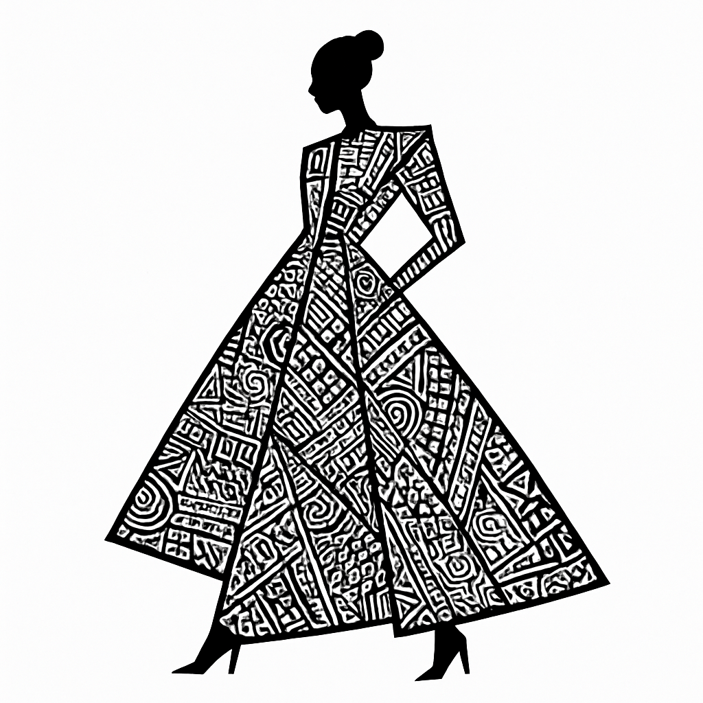 Avant-garde fashion silhouette sketch, minimalist stylized gesture drawing. Clean sharp contours of an architectural structural gown. Inside the shapes: intricate zentangle line art pattern, high-density lines, pure black ink on stark white background. Artistic fashion design blueprint, zero shading, crisp vector lines.