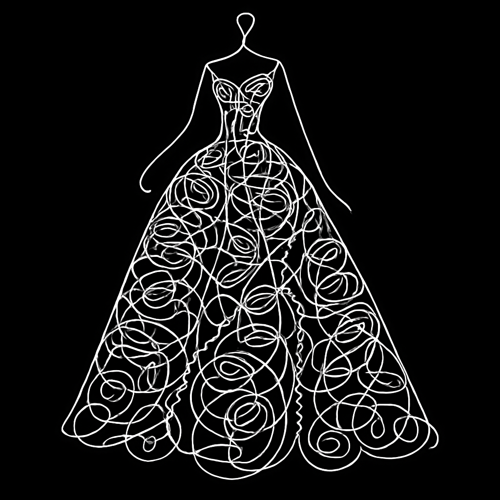 Stylized fashion design illustration, rapid gesture sketch of a couture gown. Crisp glowing white lines on a solid absolute black background. Intricate neurographica line art pattern filling the silhouette. High-contrast abstract fashion croquis, minimalist outline, pure line art, sharp edge contrast.