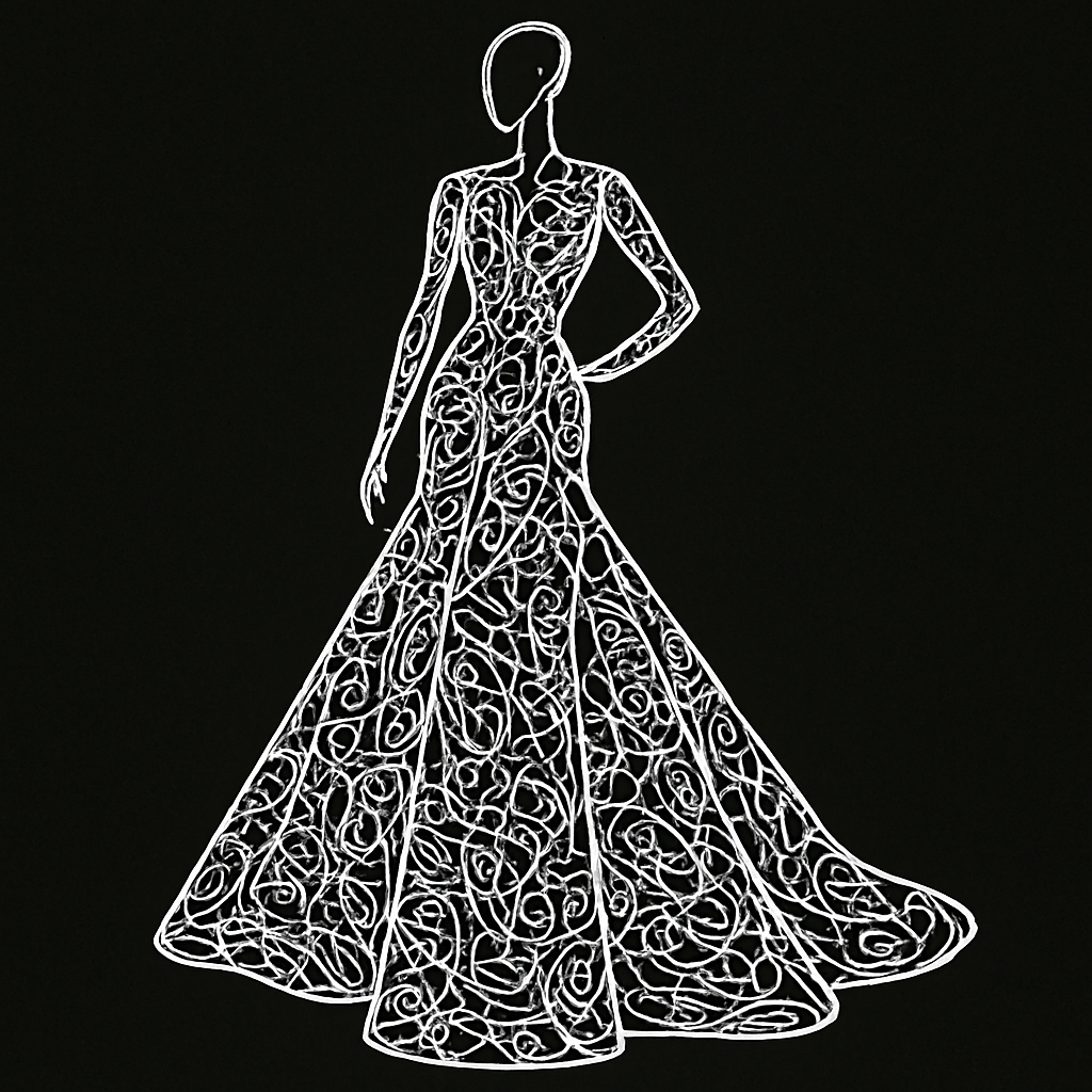 Stylized fashion design illustration, rapid gesture sketch of a couture gown. Crisp glowing white lines on a solid absolute black background. Intricate neurographica line art pattern filling the silhouette. High-contrast abstract fashion croquis, minimalist outline, pure line art, sharp edge contrast.