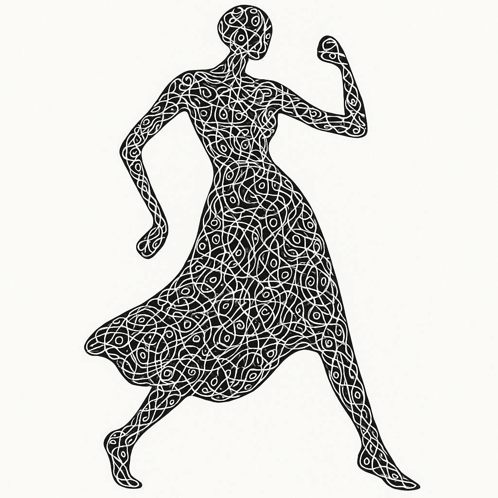 Stylized moving fashion silhouette, abstract organic croquis shape. Fluid drapery and flowing lines inspired by haute couture. Entirely filled with a seamless neurographica line art pattern, high density. Pure black ink on white. Kinetic energy expressed through line art alone, no volume, zero shading.