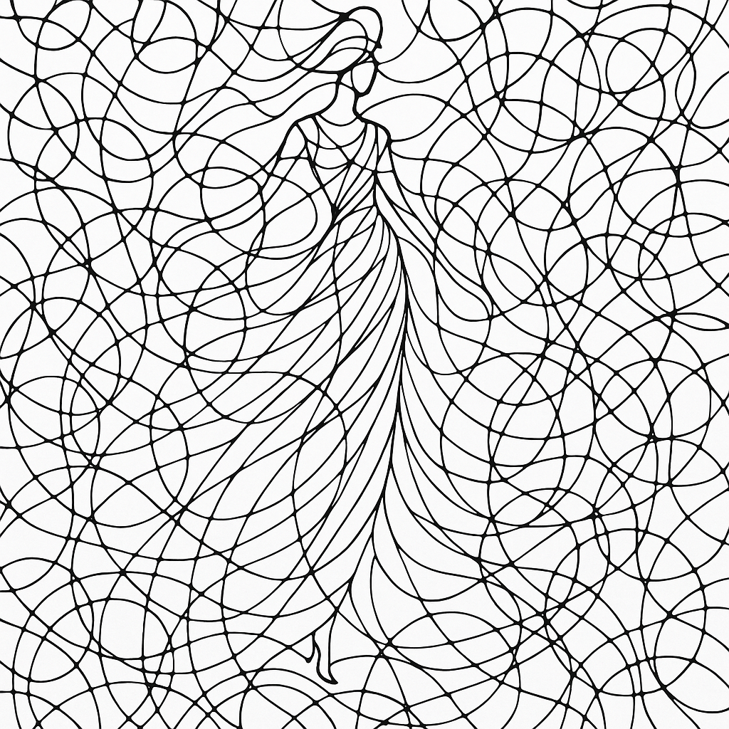 Stylized moving fashion silhouette, abstract organic croquis shape. Fluid drapery and flowing lines inspired by haute couture. Entirely filled with a seamless neurographica line art pattern, high density. Pure black ink on white. Kinetic energy expressed through line art alone, no volume, zero shading.