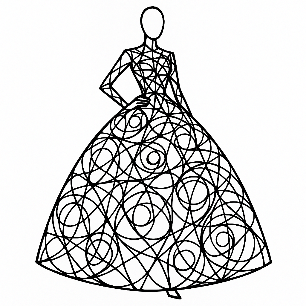 Couture fashion silhouette mockup, structured wireframe dress concept. Complex interconnected line art doodle, neurographica web forming the shape of a avant-garde gown. Minimalist faceless stylized figure outline. Sharp black lines on an absolute pure white background, crisp vector graphic style.