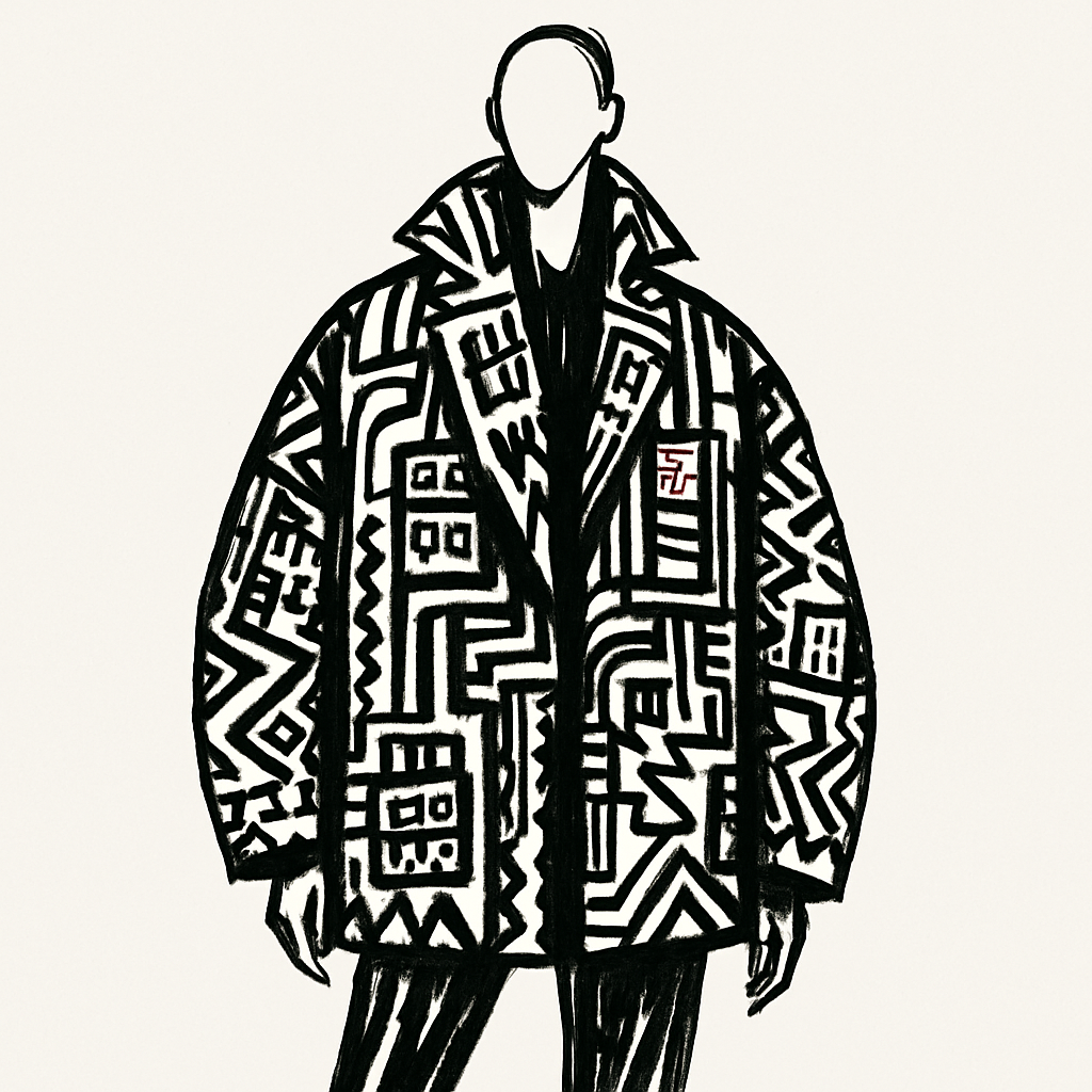 Rapid fashion design sketch, oversized structural streetwear jacket mockup. Dynamic loose fashion croquis silhouette. The entire fabric of the ample jacket is covered in a dense black ink doodle pattern with a raw Pixacao graffiti vibe, sharp vertical and cryptic line art. Stark white background. High-contrast gestural fashion illustration, no shadows, zero shading, pure crisp line work.