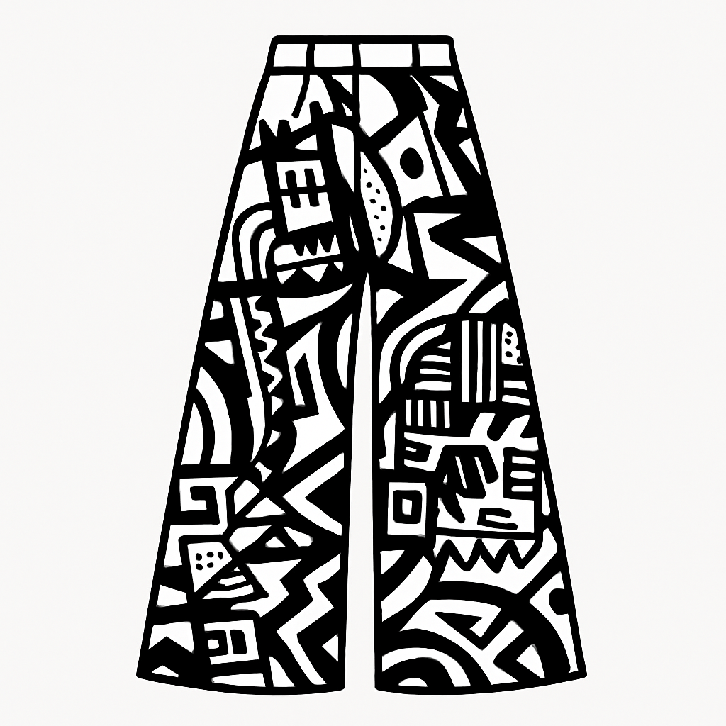 Minimalist structural fashion sketch, oversized streetwear wide-leg trousers mockup. Clean sharp contours of an ample structured pant silhouette on an abstract croquis. Inside the pants: bold, intricate black and white optical line art stripes, alternating pure black and pure white lines with sharp crisp edges. Absolute pure white backdrop, zero shading, flat vector aesthetic.