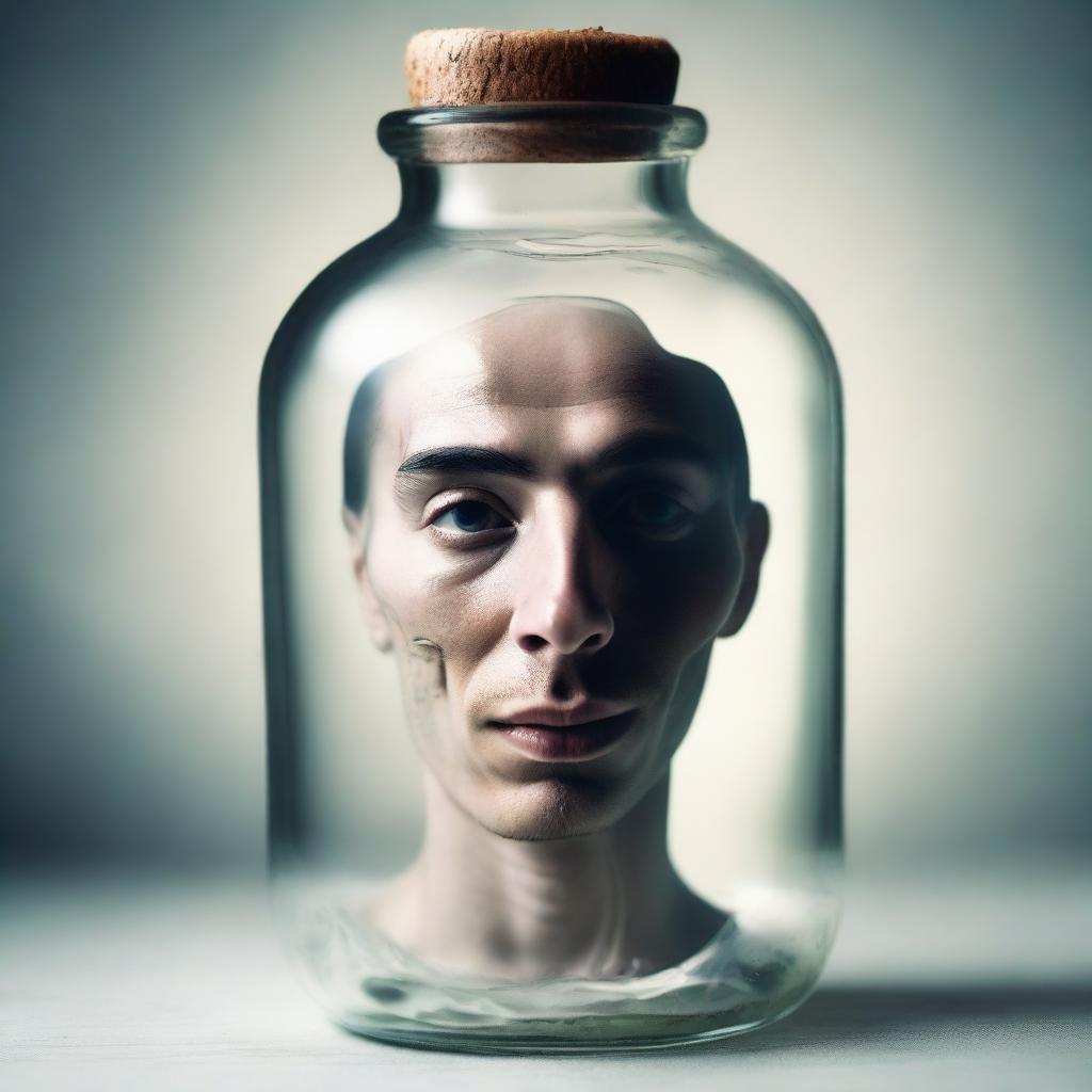 Surreal image of a person's face captured inside a transparent bottle filled with alcohol.