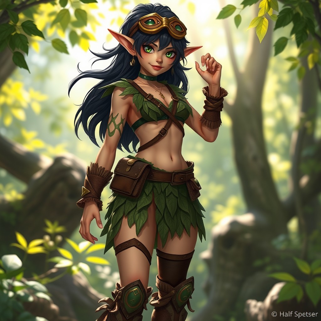 A half-elf character with striking features, wearing a skimpy trickster outfit that showcases a playful and mischievous design
