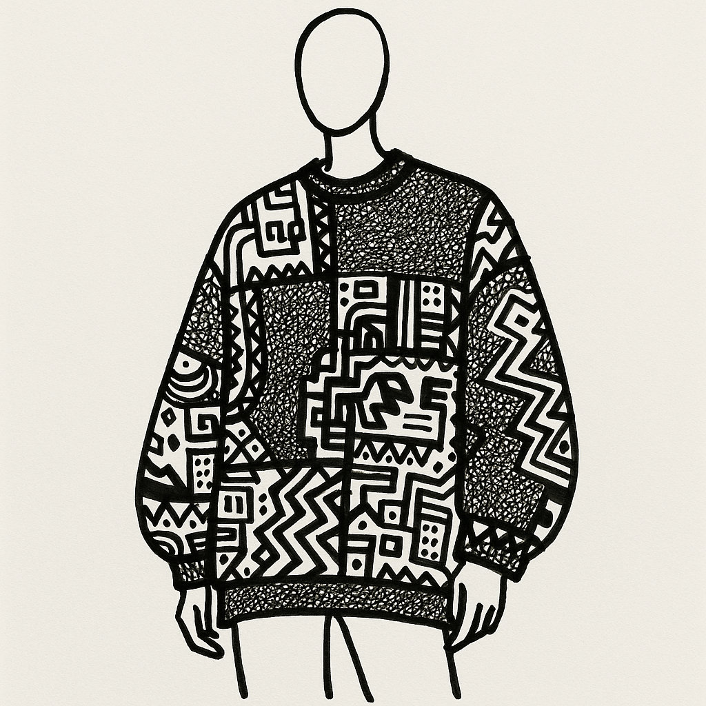 Stylized fashion design illustration, rapid gesture sketch of an oversized structural streetwear sweater mockup. Fluid but boxy silhouette on a faceless abstract croquis. The garment is a complex patchwork of distinct neurographica line art pattern blocks, fine and dense interconnected organic lines. Sharp black ink on pure white background. Minimalist outline, zero volume, high-contrast art blueprint.