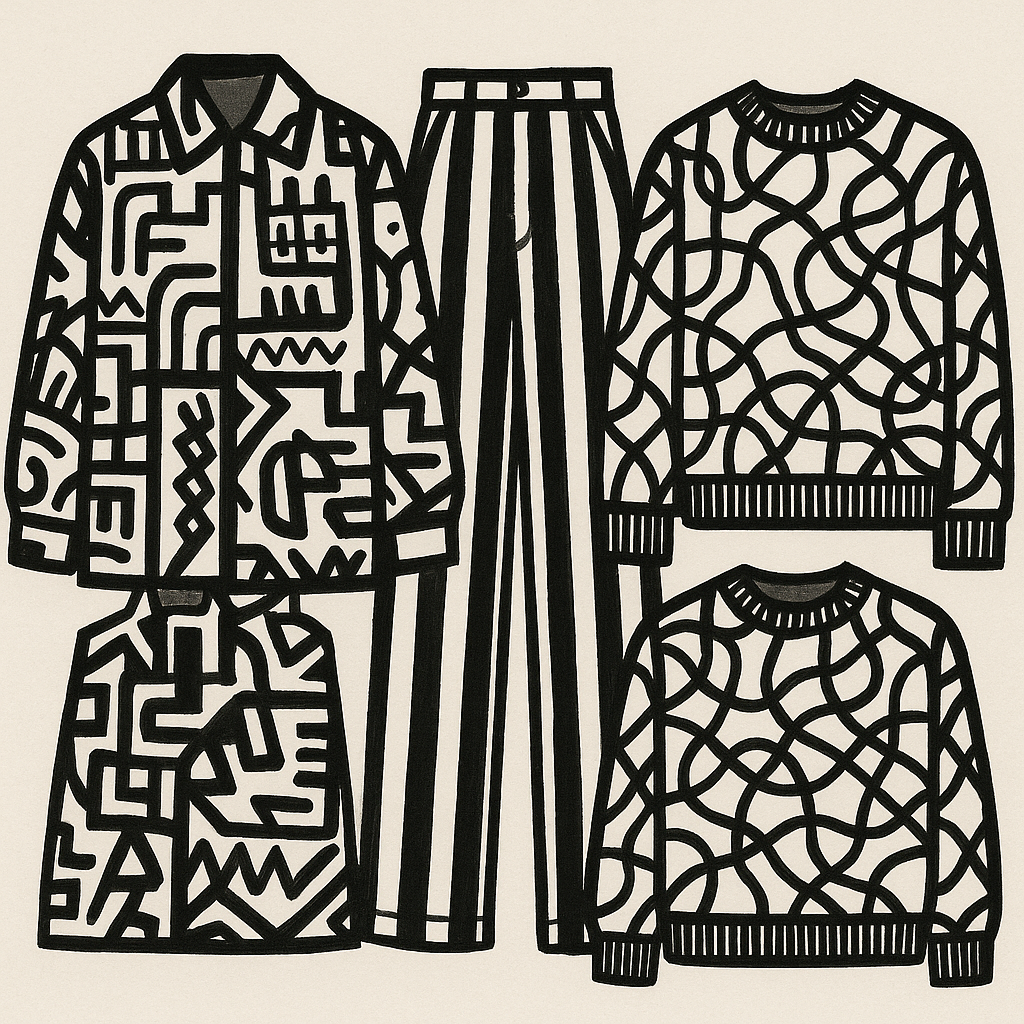Three conceptual streetwear sketches side by side, showcasing a 3-piece collection: one oversized jacket in Pixacao doodle style, one wide-leg trousers in black and white stripes, and one boxy sweater in a patchwork of neurographica lines...