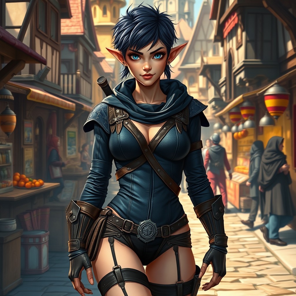 A half-elf rogue character with alluring features, showcasing a skimpy rogue outfit that emphasizes agility and stealth