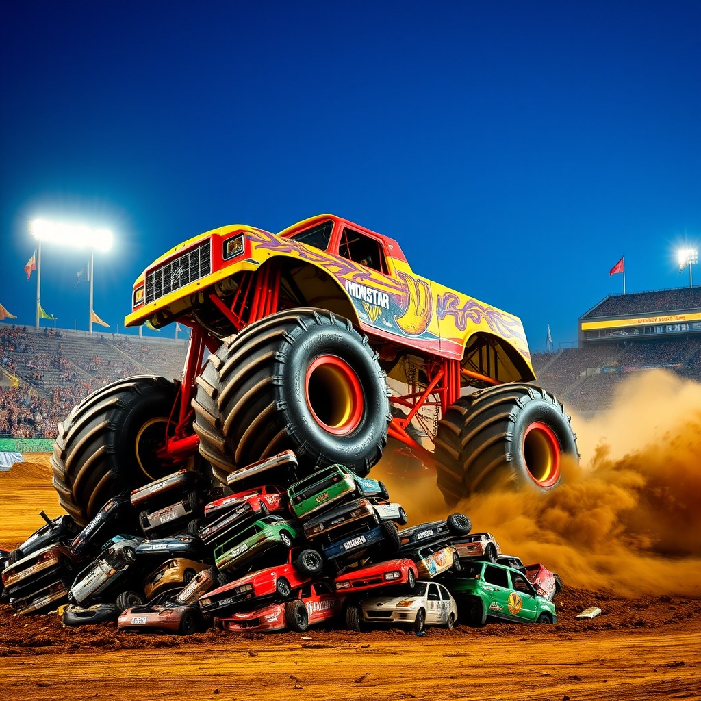 A powerful monster jam bulldozer smashing through a dirt track, kicking up clouds of dust and debris