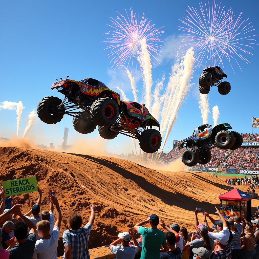 A vibrant and exciting scene from a Monster Jam event in 2027, showcasing powerful monster trucks soaring through the air over a massive dirt track filled with obstacles