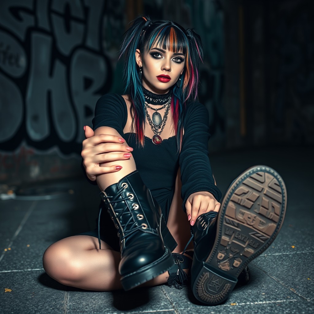A striking goth girl sitting casually, her black attire accentuating her edgy style