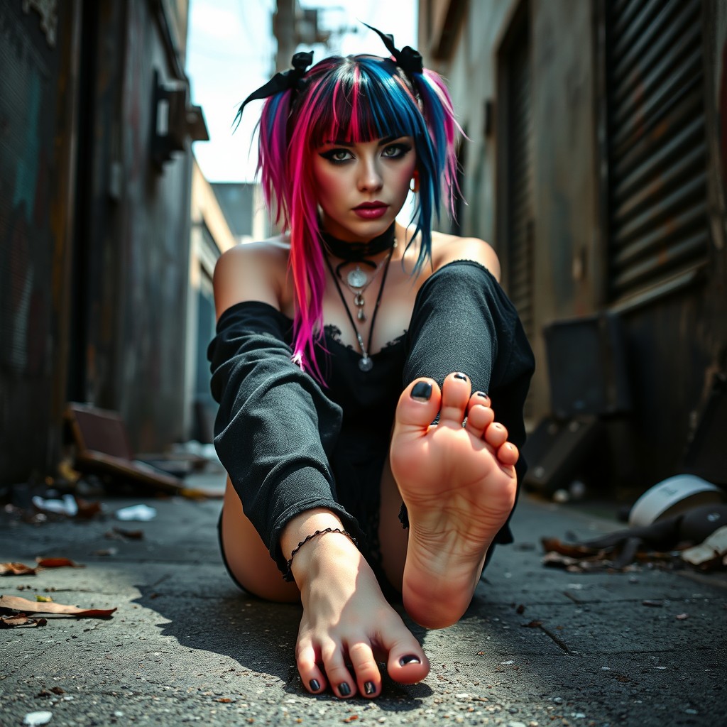 A goth girl sitting in an urban environment, showcasing her bare soles with an edgy and bold style