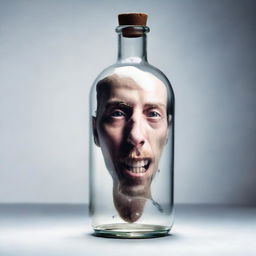 Surreal image of a person's face captured inside a transparent bottle filled with alcohol.