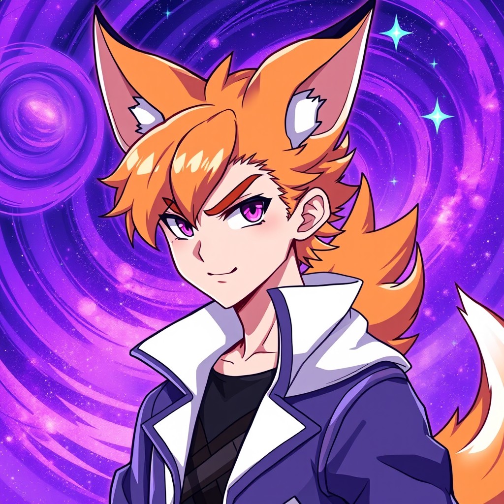 A teenage male fox demon character with vibrant purple and cosmic galaxy powers