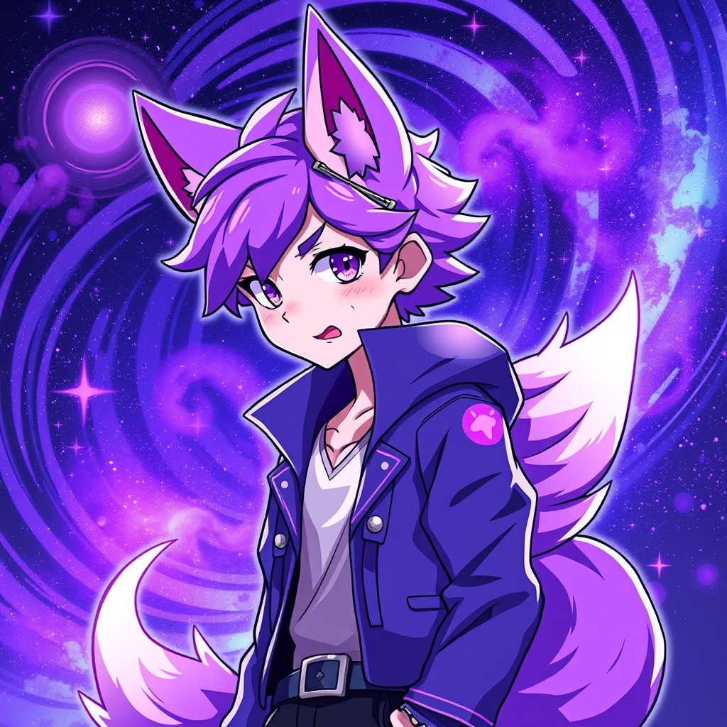 A teenage male fox demon character with purple galaxy powers, showcasing a playful yet magical vibe