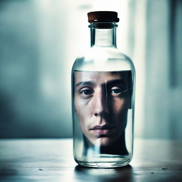 Surreal image of a person's face captured inside a transparent bottle filled with alcohol.