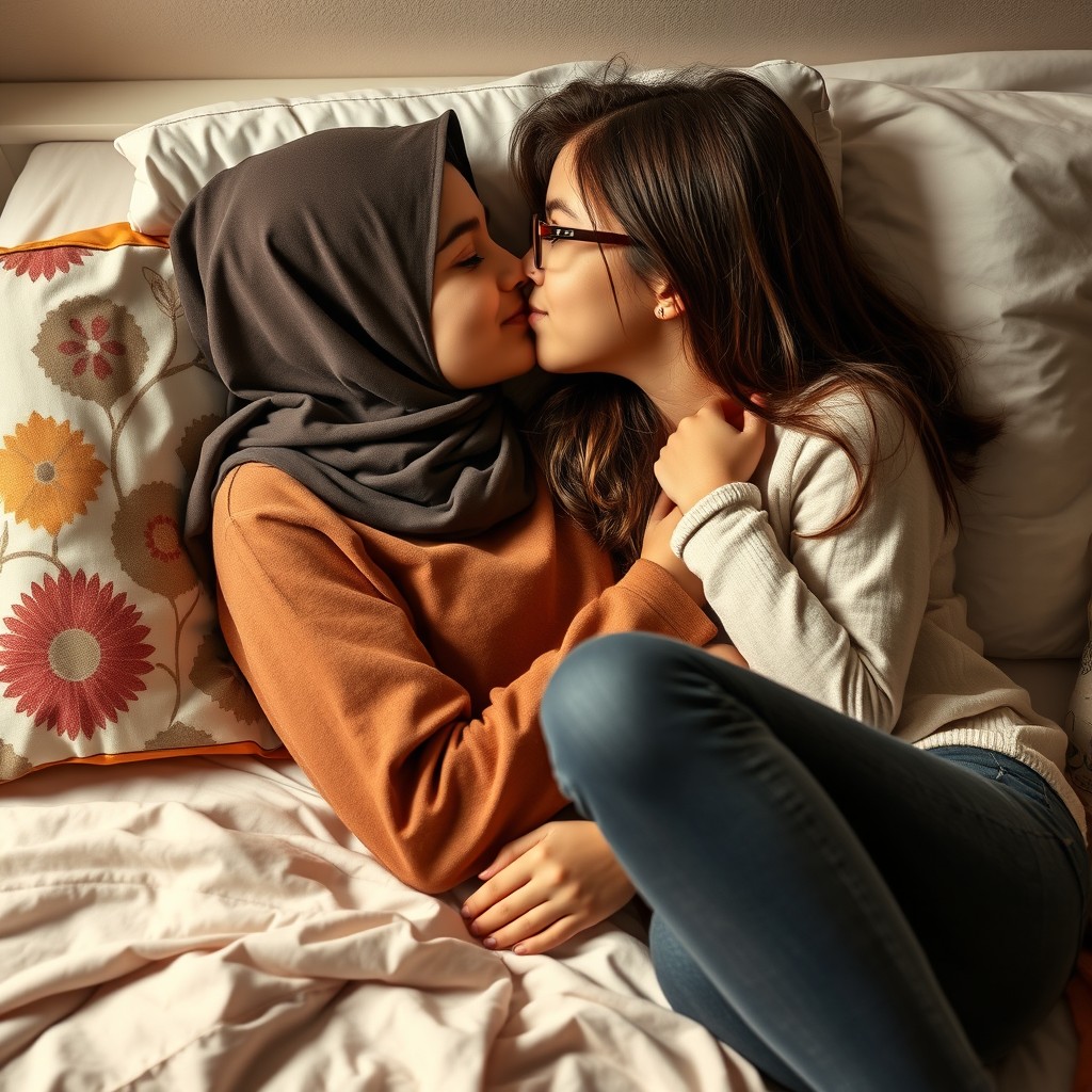 A tender moment between two teenage girls, one a Persian girl wearing a hijab, the other with glasses, sharing a sweet kiss while lying on a bed