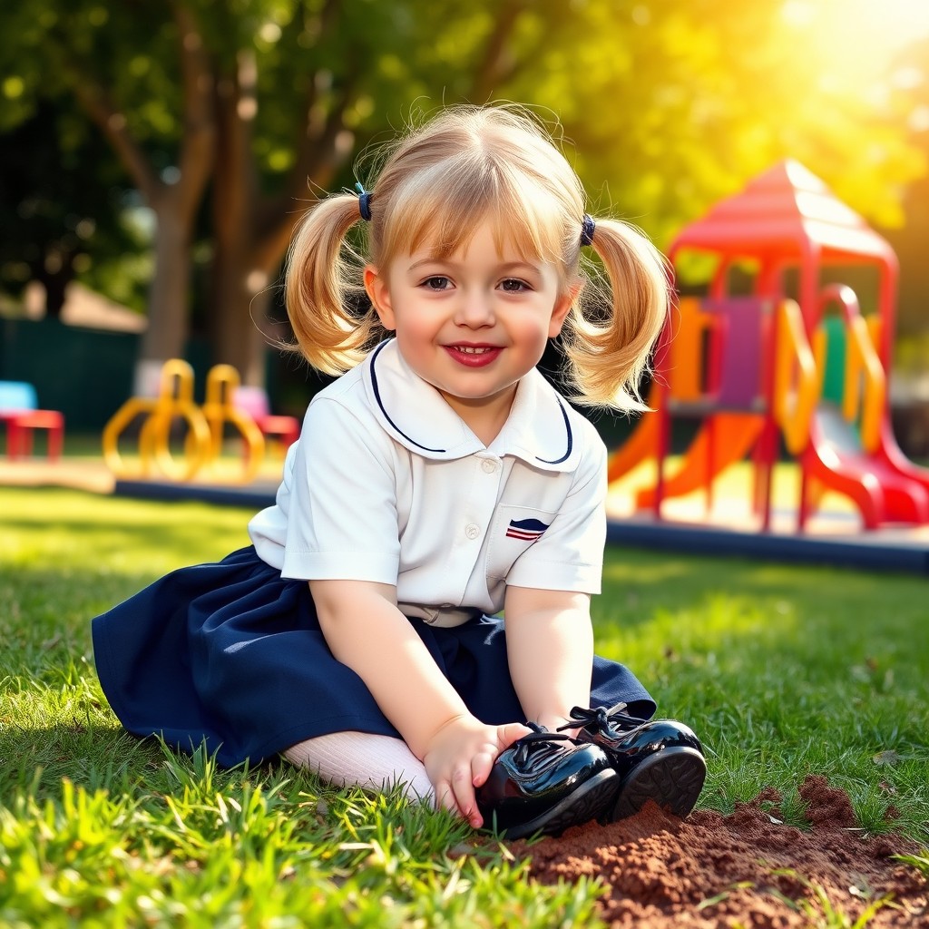 A whimsical scene featuring a young girl with bright blonde hair styled in pigtails, wearing a typical school uniform with a crisp white shirt and a navy blue skirt