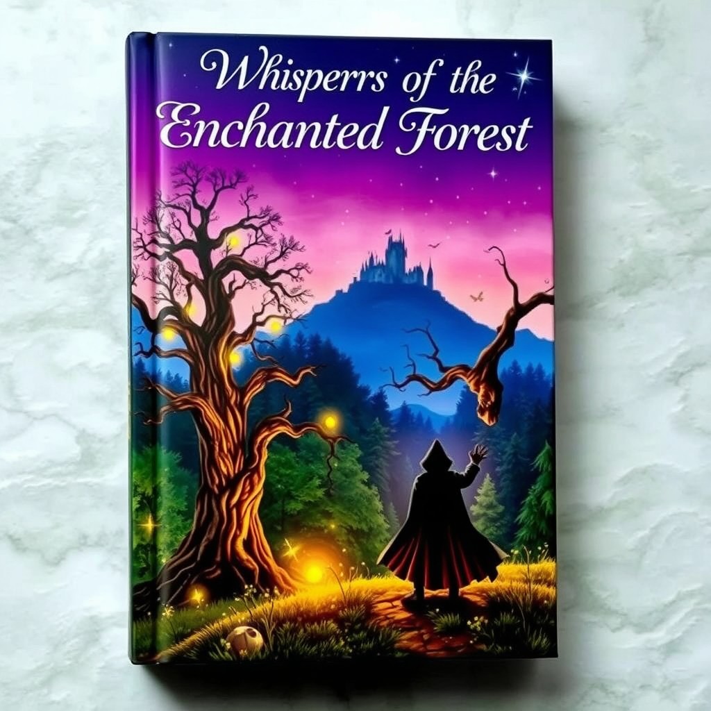 A striking book cover featuring an enchanting forest landscape at twilight, with glowing fireflies illuminating the scene