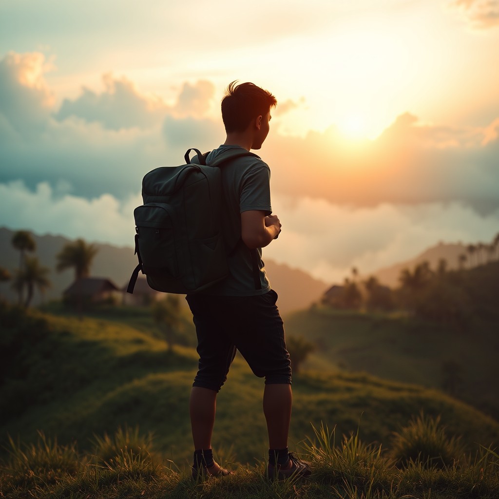 A back-view silhouette of a young volunteer teacher or worker with a modern backpack, standing on a lush green hill in rural Papua