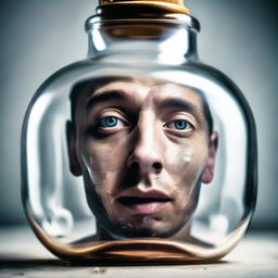 Surreal image of a person's face captured inside a transparent bottle filled with alcohol.