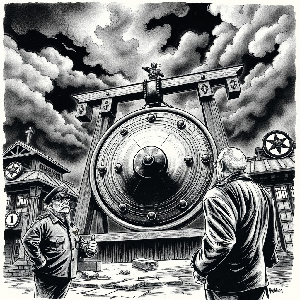 A noir comic book style scene showcasing a massive iron gong ringing at the entrance of a military base at night