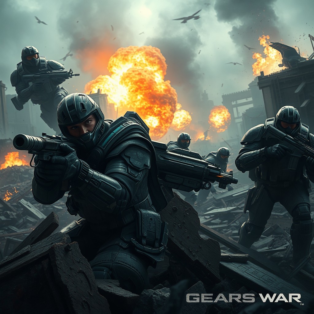 A dramatic and intense scene from a post-apocalyptic battle, showcasing heavily armored soldiers with high-tech weaponry, inspired by the Gears of War universe