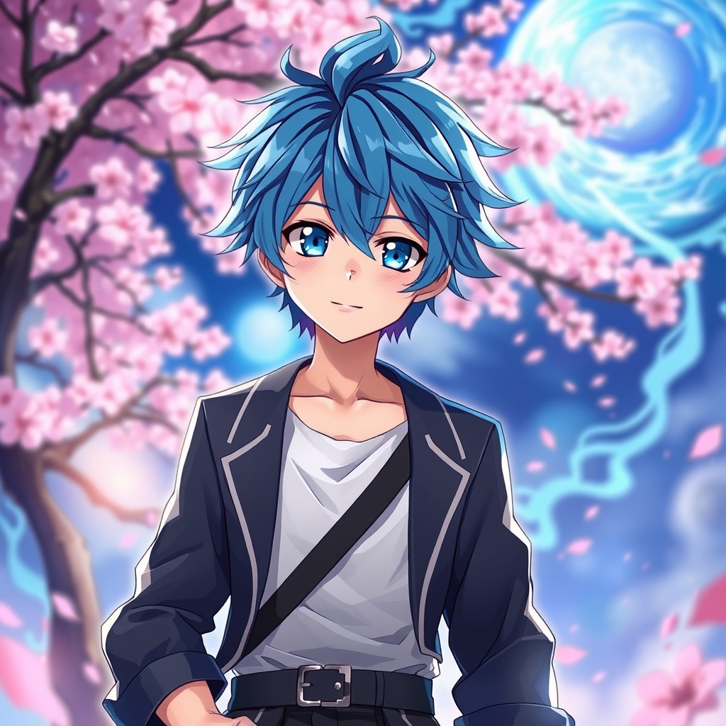 An anime boy with striking blue hair and bright blue eyes, dressed in a stylish outfit that combines modern fashion with traditional elements