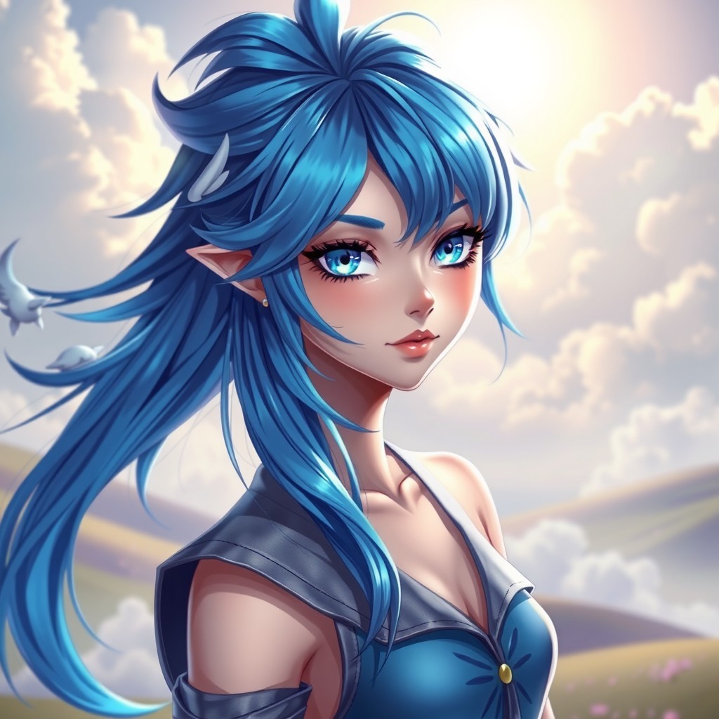 A stunning character featuring vibrant blue hair styled in a flowing manner, complementing bright blue eyes that sparkle with intrigue