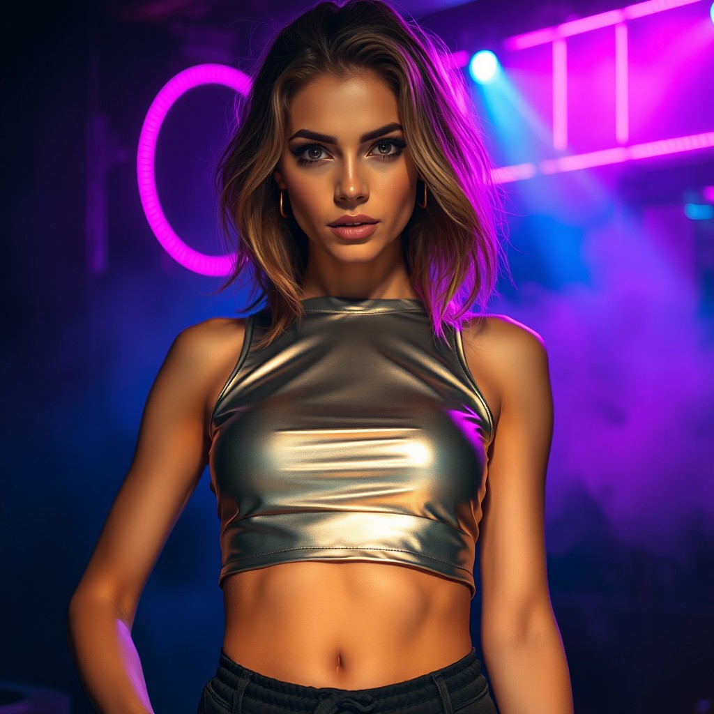 A hyper-realistic fashion photograph of a confident female model, sharply in focus, wearing a sleek metallic silver crop top and dark streetwear pants