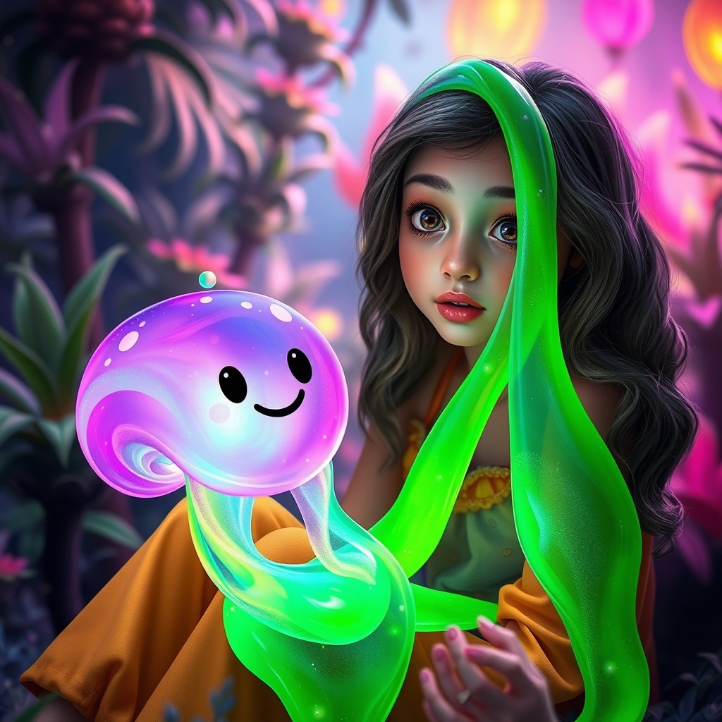 A fantasy scene featuring a young woman with long wavy hair and a vibrant outfit, sitting in a colorful, enchanting environment