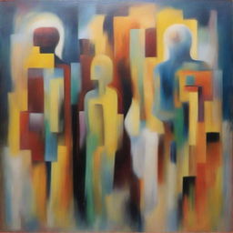 Abstract oil painting displaying the transformation of an individual from the past, into the present, and projected future