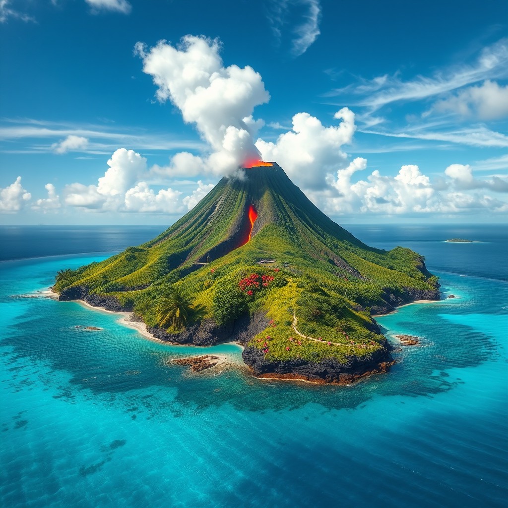 A fantastical scene depicting a remote island dominated by a large, smoking volcano