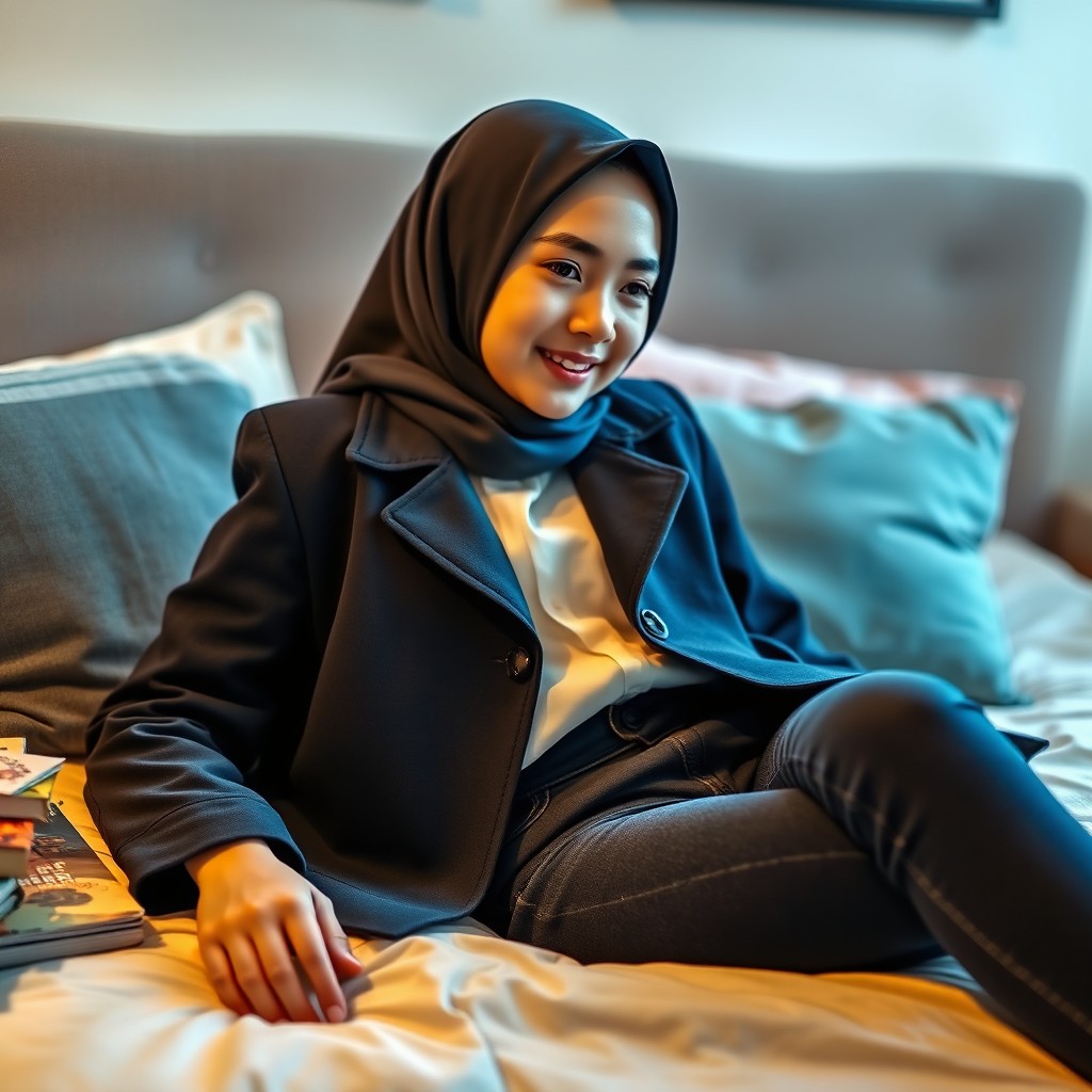 A teenage girl in a stylish navy blue school outfit, wearing a fitted button-down coat with a front slit and skinny jeans, lying on a bed