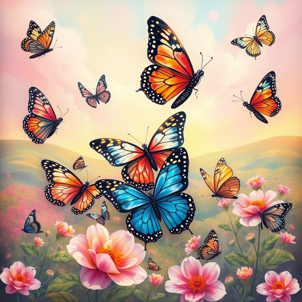 A vibrant and colorful artwork depicting butterflies representing identity and self-image