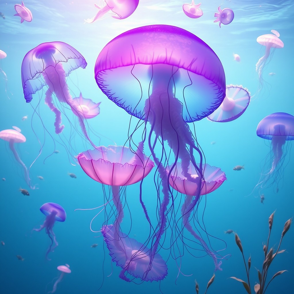 A mesmerizing underwater scene featuring a variety of jellyfish gracefully floating in crystal clear water