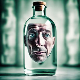 Surreal image of a person's face seen through a clear bottle of gin.