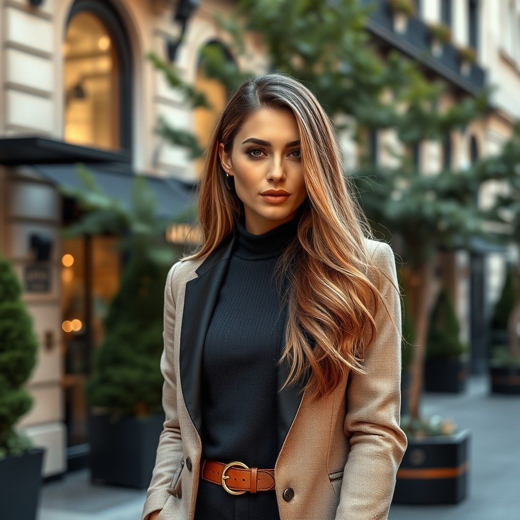 A 35-year-old woman of European descent, exuding elegance in stylish and refined clothing