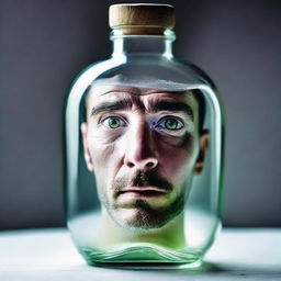 Surreal image of a person's face seen through a clear bottle of gin.