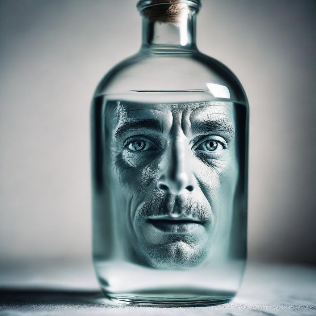 Surreal image of a person's face seen through a clear bottle of gin.