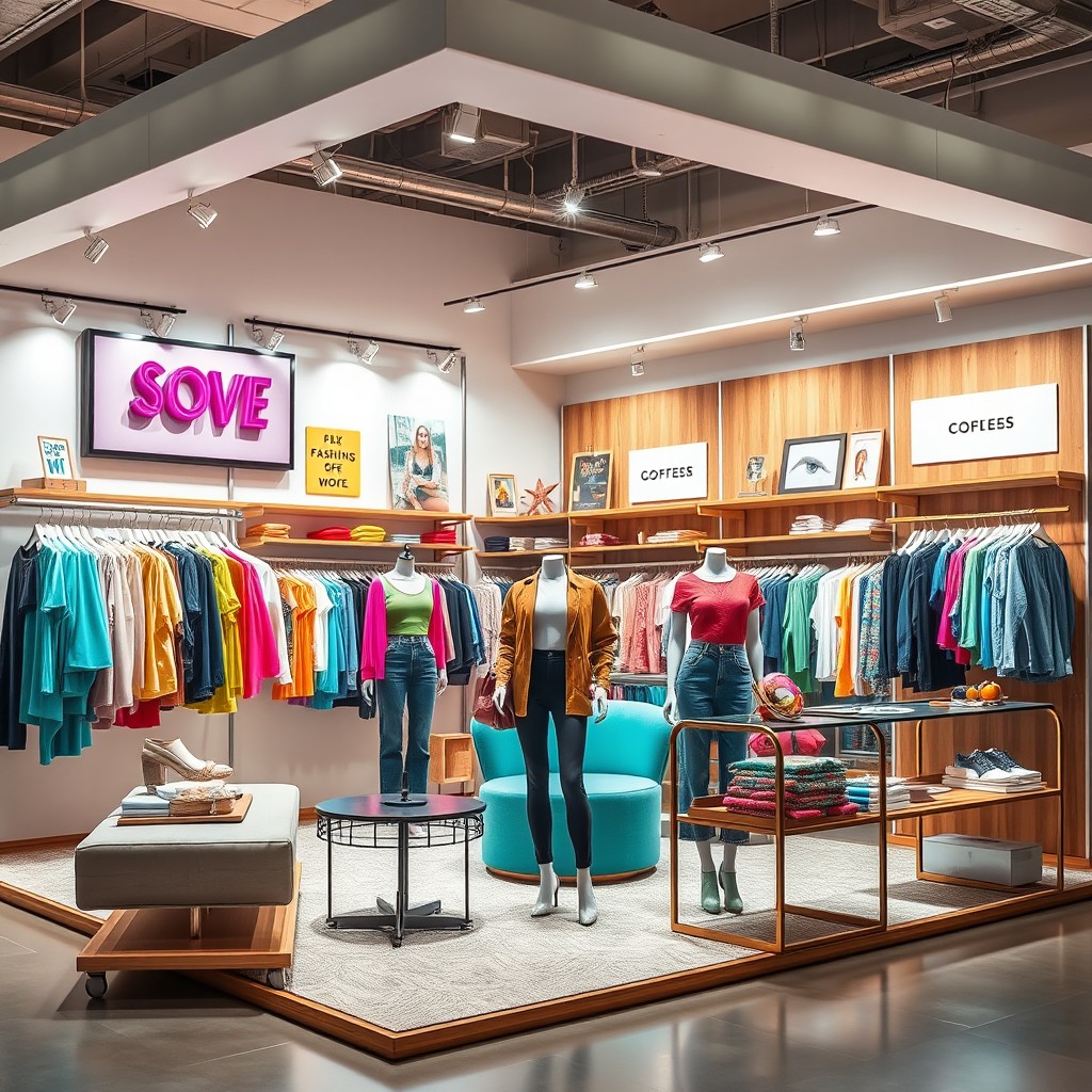 A vibrant and eye-catching clothing booth design featuring an inviting layout with racks of colorful clothing, stylish mannequins displaying trendy outfits, and creative signage